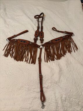 Fringed Brown Leather Western Breast Collar and Headstall Set